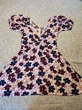 Valija Purple & Navy Floral Ruched Puff Sleeve Mini Fit And Flare Dress Size M
